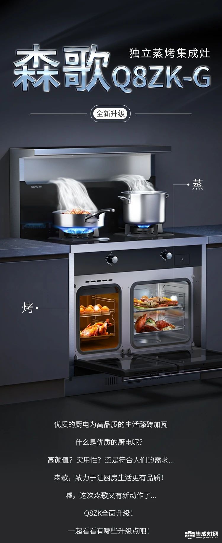 爆品全新升级上市 森歌Q8ZK-G独立蒸烤集成灶来了 双腔蒸烤齐开功 烹饪更高效